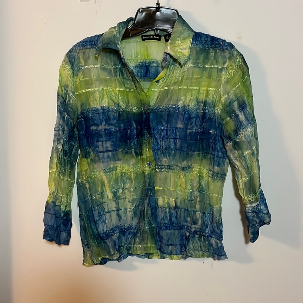 Essentials by Milano Tie Dye Sequin Plisse Blouse Small EUC